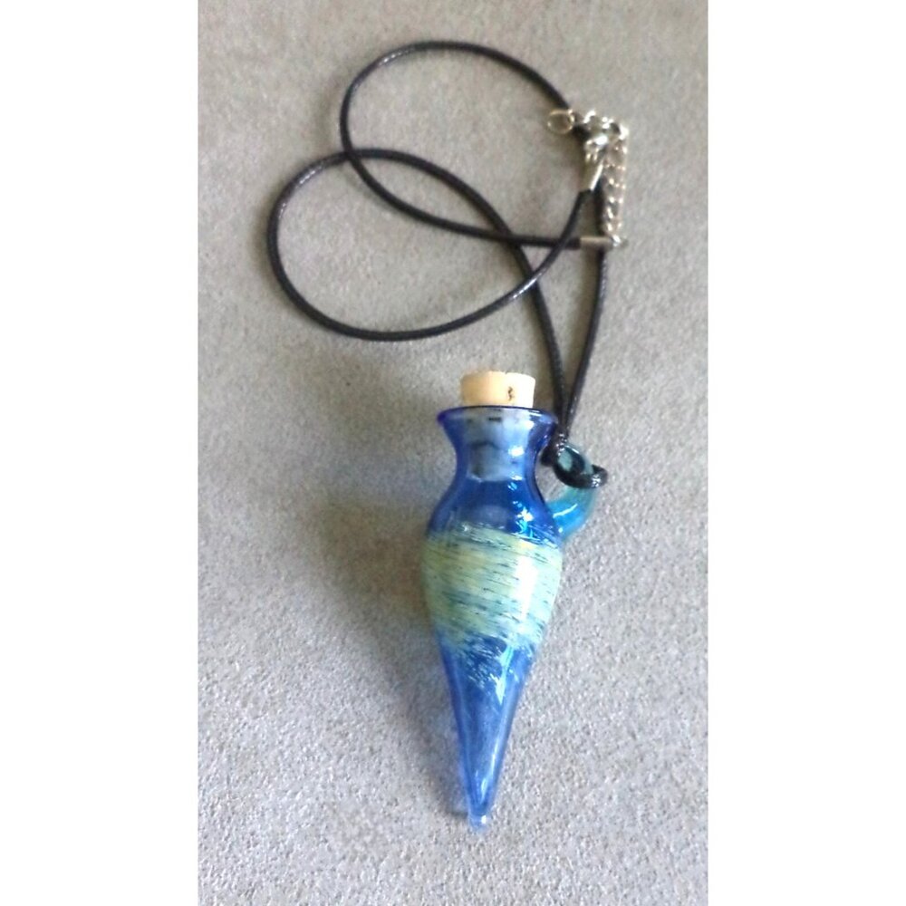 Handblown GLASS Potion PERFUME BOTTLE PENDANT + Cord Lachrymatory 2.5" Blue Gold